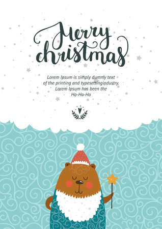 Vector Christmas and New year card with handdrawn lettering and cute bear. Xmas template on winter backgroundのイラスト素材
