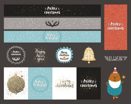 Vector Christmas and New year collection with greeting cards, banners, labels, tags, bear and hand drawn lettering. Xmas cards with gold elements on winter backgroundのイラスト素材