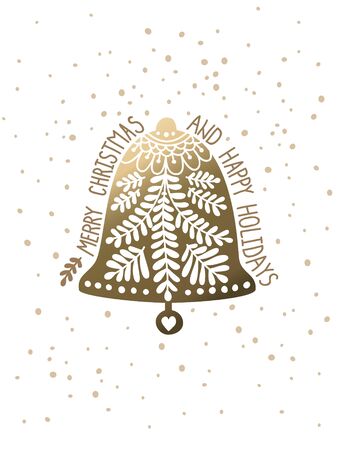 Merry Christmas and Happy New Year card with shine bell on white background. Gold christmas cardのイラスト素材