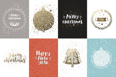Vector Christmas and New year cards collection with handdrawn lettering. Xmas cards with gold elements on winter backgroundのイラスト素材