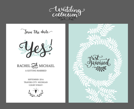 Save the date card, wedding invitation with hand drawn lettering and branches. Vector wedding templateのイラスト素材