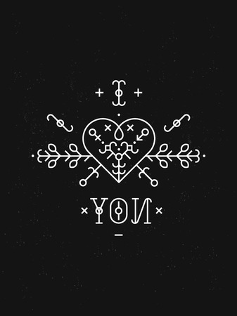 Valentines day card with line romantic and abstract elements. Vector lines, heart, typography on black background with grunge texture. Hipster styleのイラスト素材
