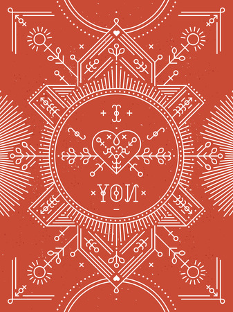 Valentines day card with line romantic and abstract elements. Vector lines, heart, typography on red background with grunge texture. Hipster styleのイラスト素材