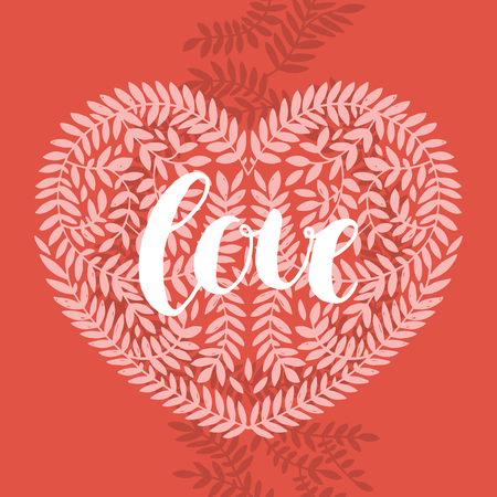 Love card with handdrawn lettering, heart and branches on red background. Vector romantic cardのイラスト素材
