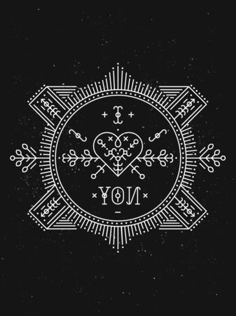 Valentines day card with line romantic and abstract elements. Vector lines, heart, typography on black background with grunge texture. Hipster styleのイラスト素材