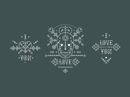 Vintage love elements with line romantic and abstract shapes. Vector lines, heart, skull,  typography on gray background. Hipster styleのイラスト素材