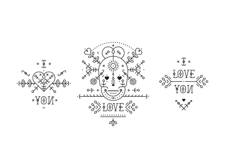 Vintage love elements with line romantic and abstract shapes. Vector lines, heart, skull,  typography on white background. Hipster styleのイラスト素材