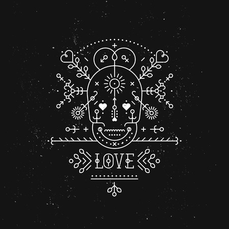 Love card with line romantic and abstract elements. Vector lines, skull, heart, font on black background with grunge texture. Hipster styleのイラスト素材