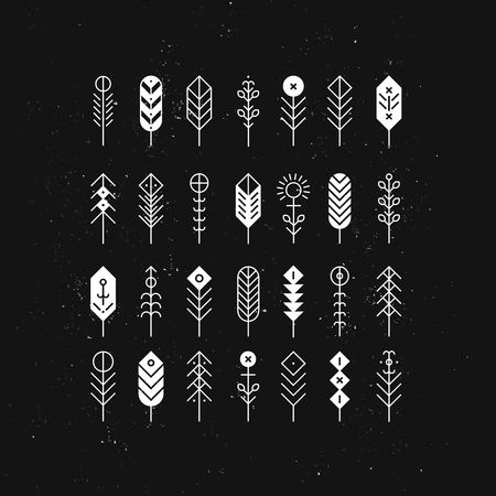 Vector line feathers and arrows, abstract geometric elements, pattern, ethnic collection, aztec icons, tribal art, for design , cards, backgroundsのイラスト素材