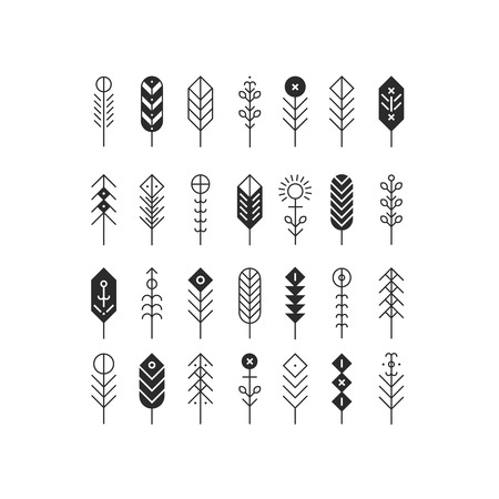 Vector line feathers and arrows, abstract geometric elements, pattern, ethnic collection, aztec icons, tribal art, for design , cards, backgroundsのイラスト素材