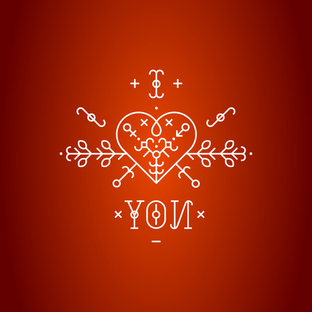 Love card with line romantic elements. Vector lines,heart and font on red backgrounds. I love youのイラスト素材