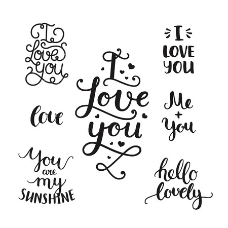 Vector photo overlays, handdrawn lettering collection, love and romantic quote. Hello lovely, I love you, you are my sunshine, Me and you and more on white backgroundのイラスト素材