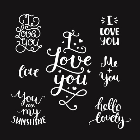 Vector photo overlays, handdrawn lettering collection, love and romantic quote. Hello lovely, I love you, you are my sunshine, Me and you and more on black backgroundのイラスト素材