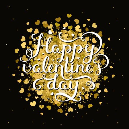 Happy valentines day. Valentine day card with handdrawn lettering, glitter and gold hearts on black background. Vector romantic cardのイラスト素材