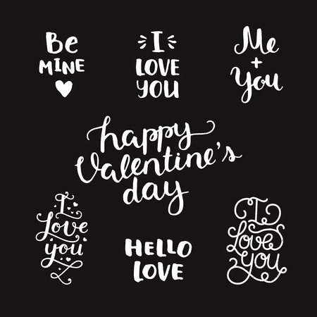 Vector Valentines day photo overlays, handdrawn lettering collection, love and romantic phrase. Be mine, I love you, me and you, Happy valentines day, hello love on black backgroundのイラスト素材