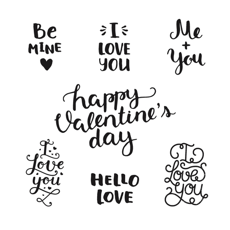 Vector Valentines day photo overlays, handdrawn lettering collection, love and romantic phrase. Be mine, I love you, me and you, Happy valentines day, hello love on white backgroundのイラスト素材