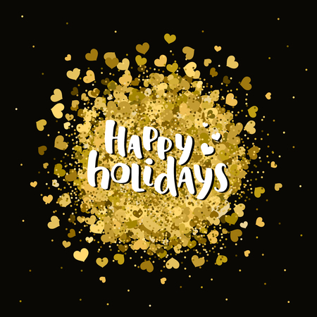 Happy holidays. Valentine day card with handdrawn lettering, glitter and gold hearts on black background. Vector holiday cardのイラスト素材