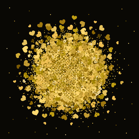 Vector background with glitter and gold hearts on black. Templates for sale sign, love, romantic and holidays lettersのイラスト素材