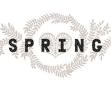 Vector lettering Spring with decorative flower elements on white background, hand drawn letters for greeting card, invitation and web designのイラスト素材
