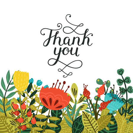 Thank you card with handdrawn lettering and cute flowers isolated on white background. Vector calligraphic cardのイラスト素材
