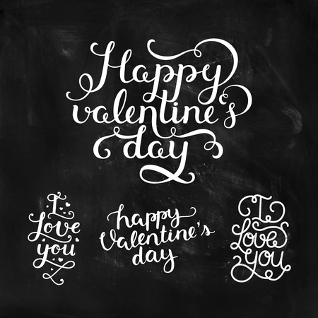 Vector Valentines day photo overlays, handdrawn lettering collection, love and romantic phrase. Happy valentines day, I love you on chalkboardのイラスト素材