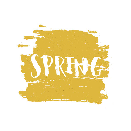 Vector handdrawn lettering Spring on brush stroke with grunge texture. Spring sign on yellow paint stainのイラスト素材