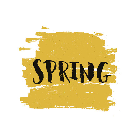 Vector handdrawn lettering Spring on brush stroke with grunge texture. Spring sign on yellow paint stainのイラスト素材