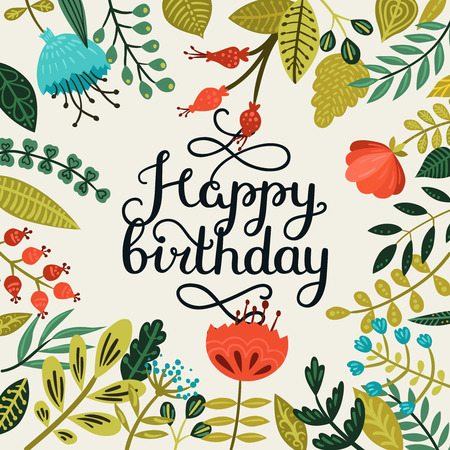 Happy birthday card with hand drawn lettering and cute flowers isolated on white background. Vector calligraphic cardのイラスト素材