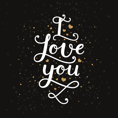 I love you. Valentines day card with handdrawn lettering, gold hearts on black background. Vector romantic cardのイラスト素材