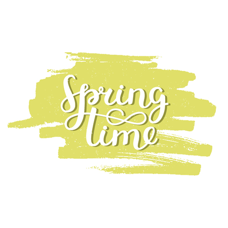 Vector handdrawn lettering Spring time on brush stroke with grunge texture. Spring sign on green paint stainのイラスト素材