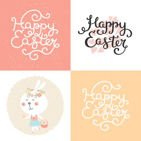Vector set of easter cards with bunny, egg,  basket and hand drawn lettering. Happy easter card with cute rabbit, pastel colorsのイラスト素材