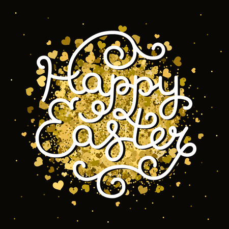 Vector Happy easter card with handdrawn lettering, glitter and gold hearts on black. Easter backgroundのイラスト素材