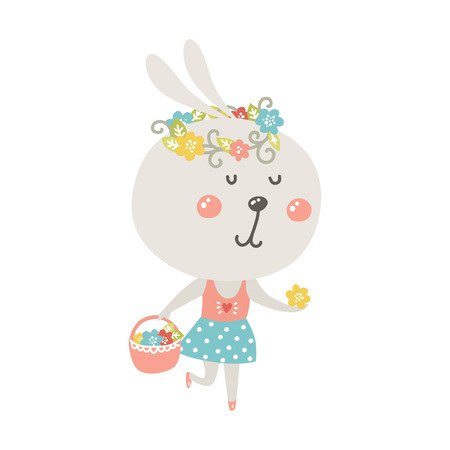 Cute rabbit with basket and flowers on white background. Vector bunny, baby animalのイラスト素材