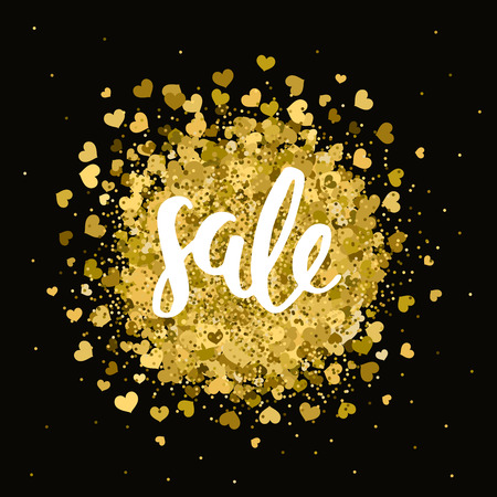 Vector gold sale label with handdrawn lettering, glitter and gold hearts on black backgroundのイラスト素材