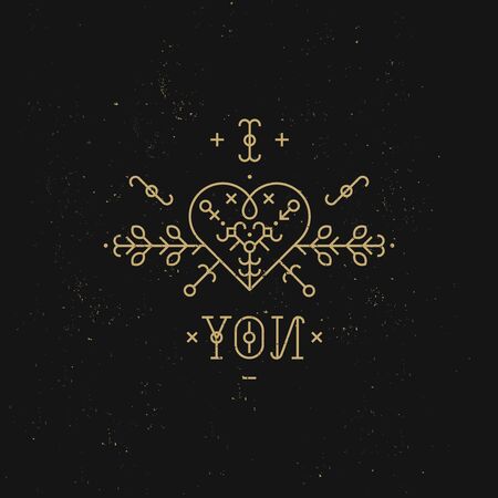 Love card with line romantic and abstract elements. Vector lines, heart, font on black background with grunge texture. Gold and blackのイラスト素材
