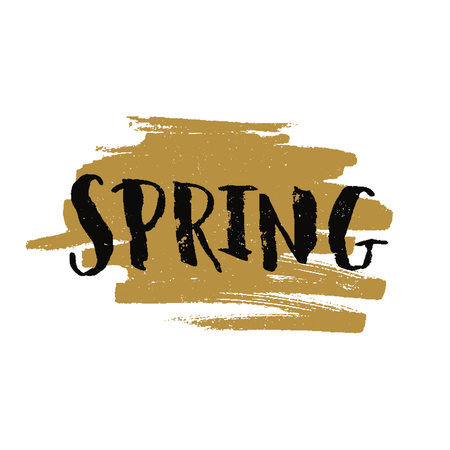 Vector handdrawn lettering Spring on gold brush stroke with grunge texture. Spring sign on gold paint stainのイラスト素材