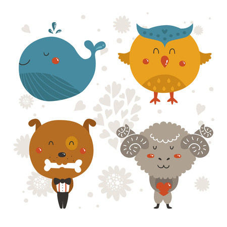 Set of Cartoon animals, cute baby animal. Vector whale, owl, dog and merinos isolated on white background. For design greeting cards, prints, scrapbook, shirt, logo and moreのイラスト素材