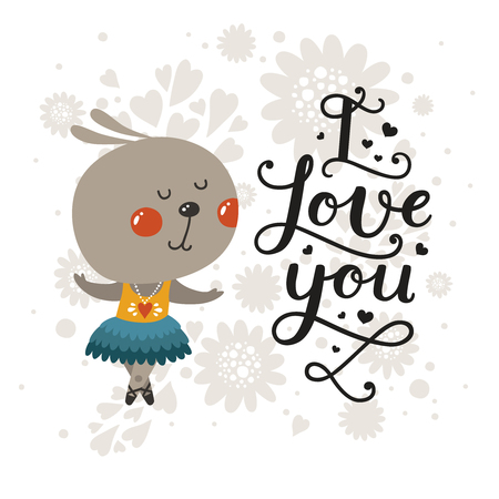 I love you. Greeting card with cute rabbit and handdrawn lettering, cartoon animal, cute baby animal. For design greeting cards, prints, scrapbook, shirt, logo and moreのイラスト素材