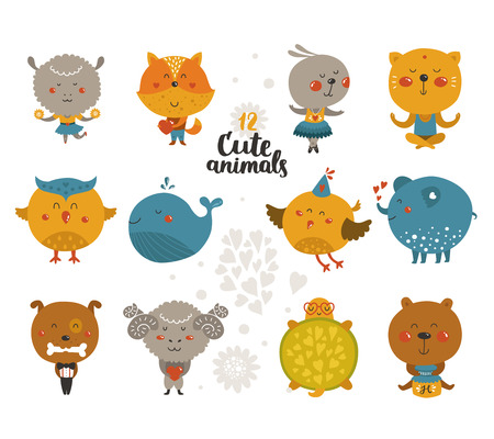 Set of Cartoon animals, cute baby animal in love. Vector fox, rabbit, cat, merinos, bird isolated on white background.のイラスト素材