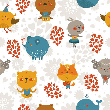 Vector seamless pattern with cute animals in love. Zoo background with fox, rabbit, cat, merinos, bird, elephant, whale and bearのイラスト素材
