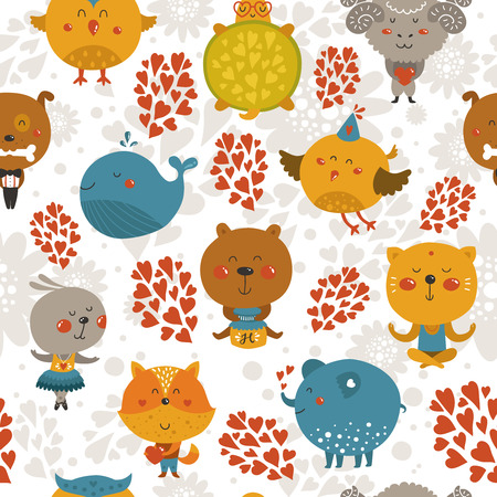 Vector seamless pattern with cute animals. Zoo background with fox, rabbit, cat, merinos, bird, dog and owlのイラスト素材