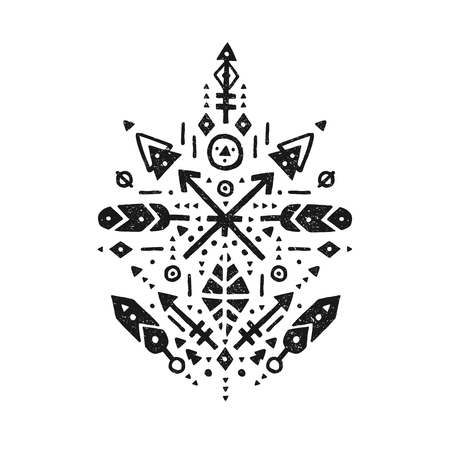 Hand drawn tribal sign with arrow, feathers and geometric symbols ethnic, aztec style. Flash Tattoo isolated on white backgroundのイラスト素材