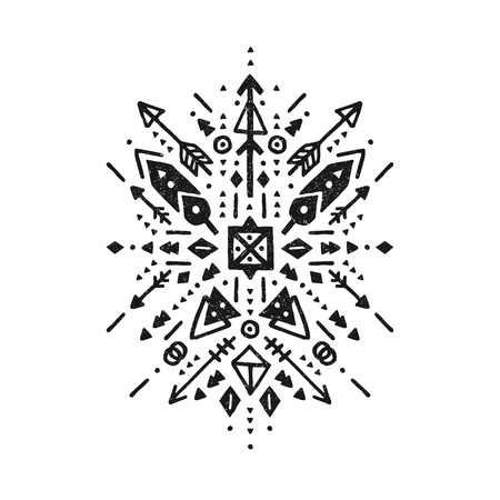 Hand drawn tribal sign with arrow, feathers and geometric symbols ethnic, aztec style. Flash Tattoo isolated on white backgroundのイラスト素材
