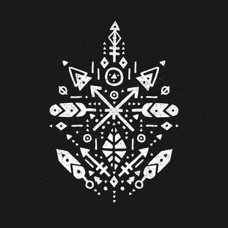 Hand drawn tribal sign with arrow, feathers and geometric symbols ethnic, aztec style. Flash Tattoo isolated on black backgroundのイラスト素材