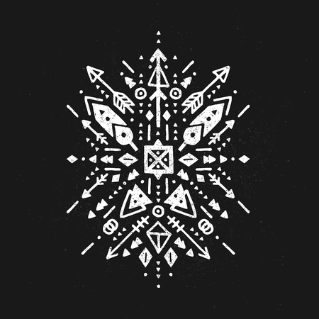 Hand drawn tribal sign with arrow, feathers and geometric symbols ethnic, aztec style. Flash Tattoo isolated on black backgroundのイラスト素材
