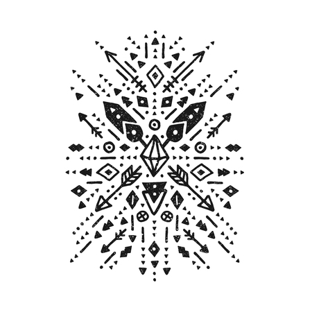 Hand drawn tribal sign with arrow, feathers and geometric symbols ethnic, aztec style. Flash Tattoo isolated on white backgroundのイラスト素材