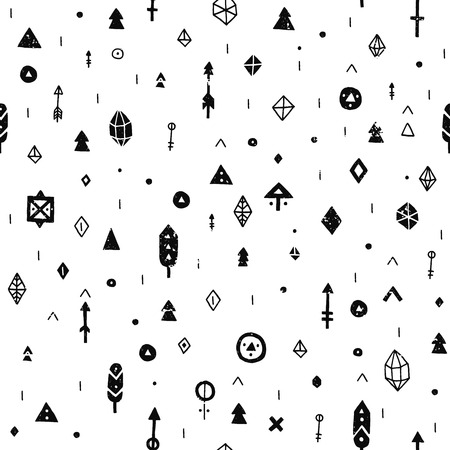Hand drawn tribal background with arrow, feathers and geometric symbols ethnic, aztec style. Tribal patternのイラスト素材
