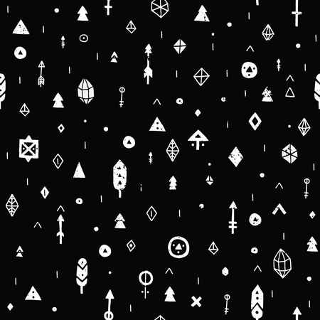 Hand drawn tribal background with arrow, feathers and geometric symbols ethnic, aztec style. Tribal patternのイラスト素材