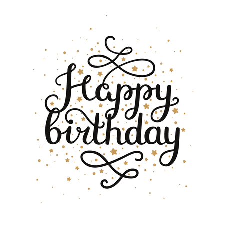 Happy birthday card with hand drawn lettering and gold star isolated on white background. Vector calligraphic cardのイラスト素材