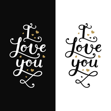 I love you. Love card with lettering and gold hearts on white and black background. Romantic typography overlays for design greeting cards, posters, invitations and moreのイラスト素材